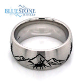 Cobalt Chrome Domed 9mm Band with Tahoe Mountains, Trees, Buck and Bear